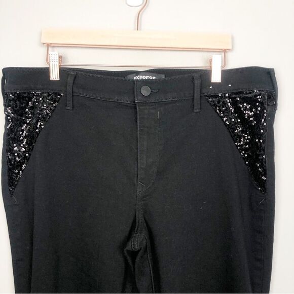 EXPRESS | Black Mid Rise Skinny Jeans Velvet Sequin Accents Women’s Size 16 - Picture 5 of 12